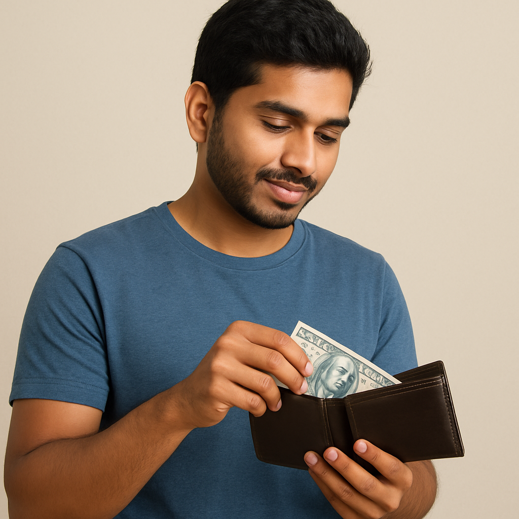 Young Indian man pulling out cash from his brown wallet, wearing a blue t-shirt, against a plain beige background.